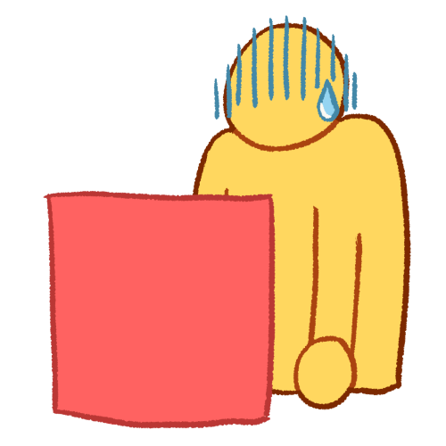  A drawing of a person slumped and looking exhausted behind a pink square. 